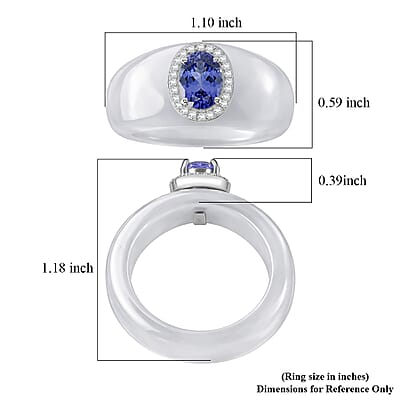 D'Joy Tanzanite, White Jade(D) and Moissanite 28.35 ctw Victorian Era Halo Ring in Rhodium Over Sterling Silver (Size 11.0)