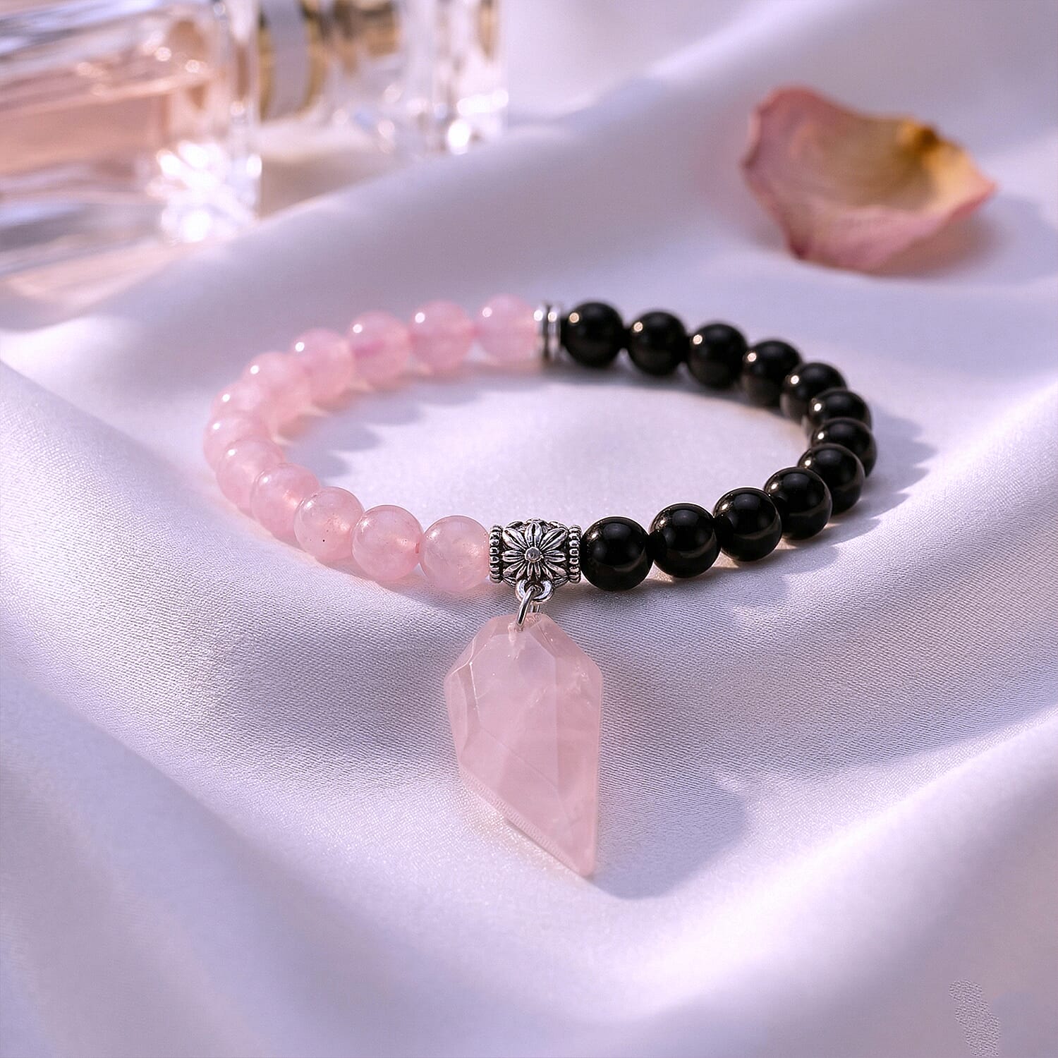 Galilea Rose Quartz and Black Obsidian 48.00 ctw Beaded Stretch Bracelet in Silvertone (6.25-7.25In)