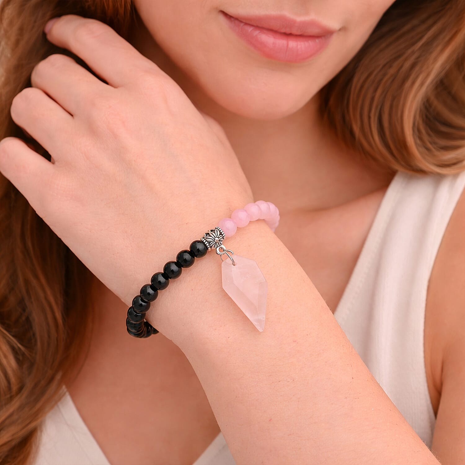 Galilea Rose Quartz and Black Obsidian 48.00 ctw Beaded Stretch Bracelet in Silvertone (6.25-7.25In)