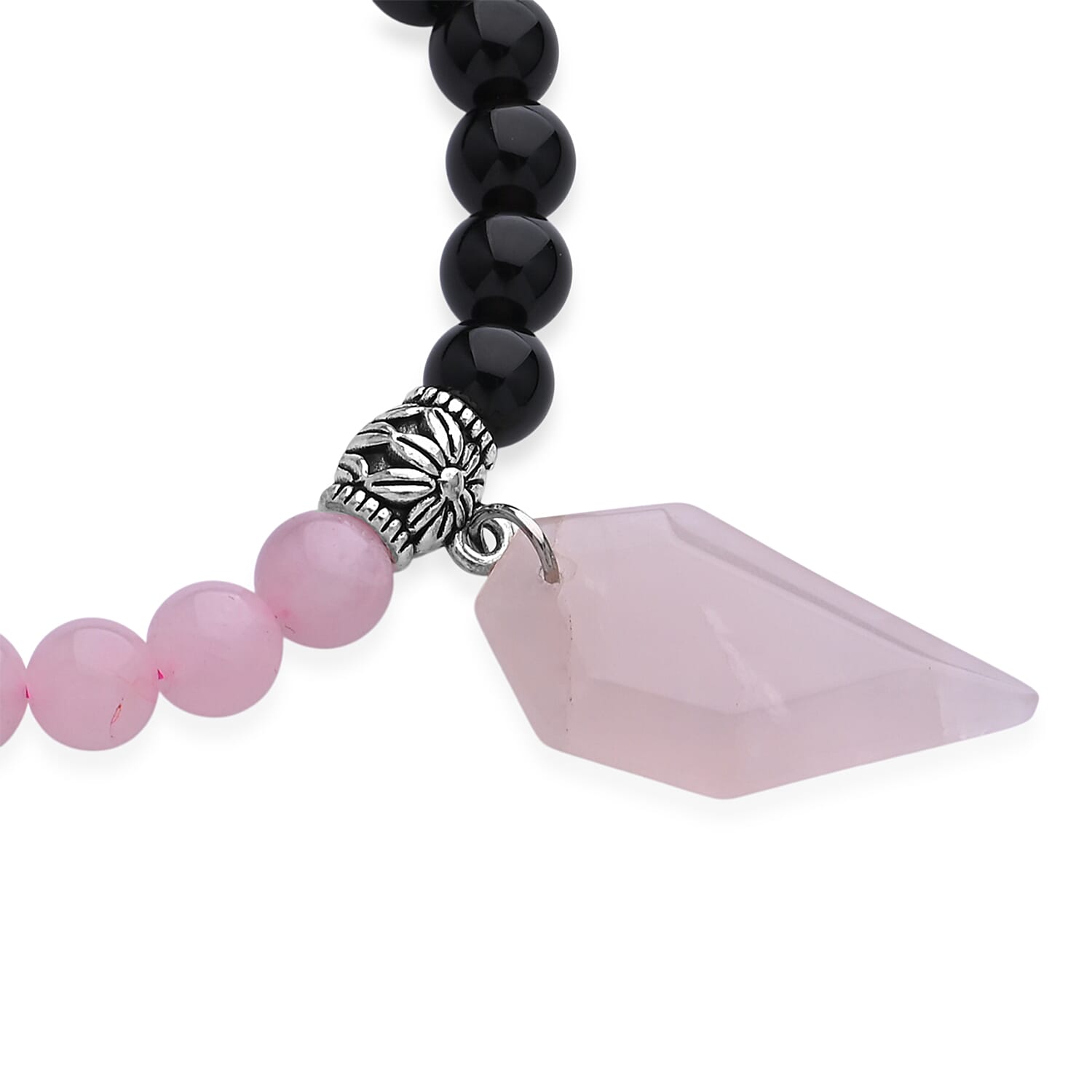 Galilea Rose Quartz and Black Obsidian 48.00 ctw Beaded Stretch Bracelet in Silvertone (6.25-7.25In)