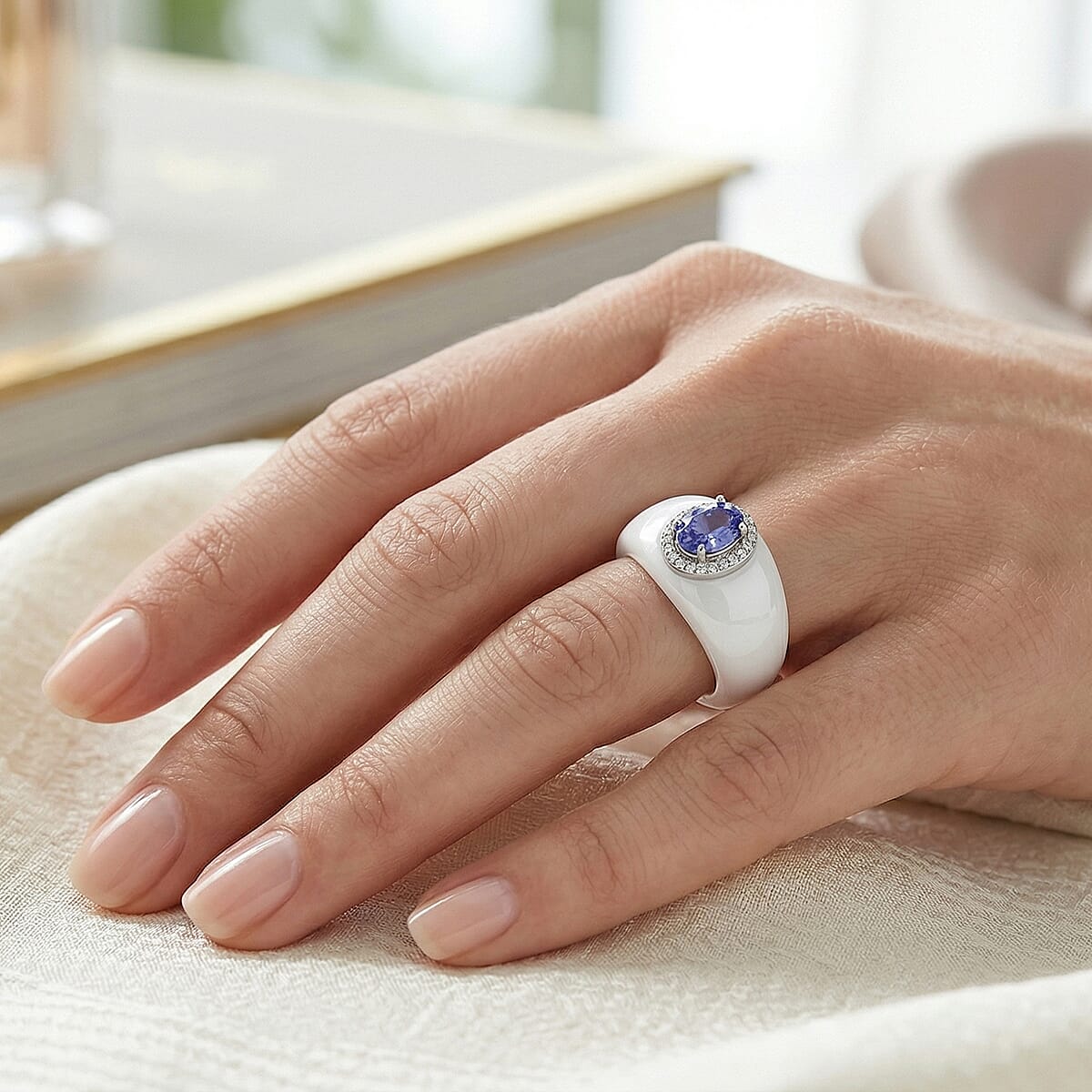 D'Joy Tanzanite, White Jade(D) and Moissanite 28.35 ctw Victorian Era Halo Ring in Rhodium Over Sterling Silver (Size 6.0) (Ships in 8-10 Days) image number 2