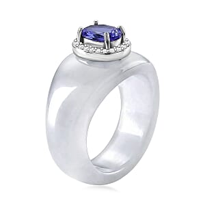 D'Joy Tanzanite, White Jade(D) and Moissanite 28.35 ctw Victorian Era Halo Ring in Rhodium Over Sterling Silver (Size 6.0) (Ships in 8-10 Days)