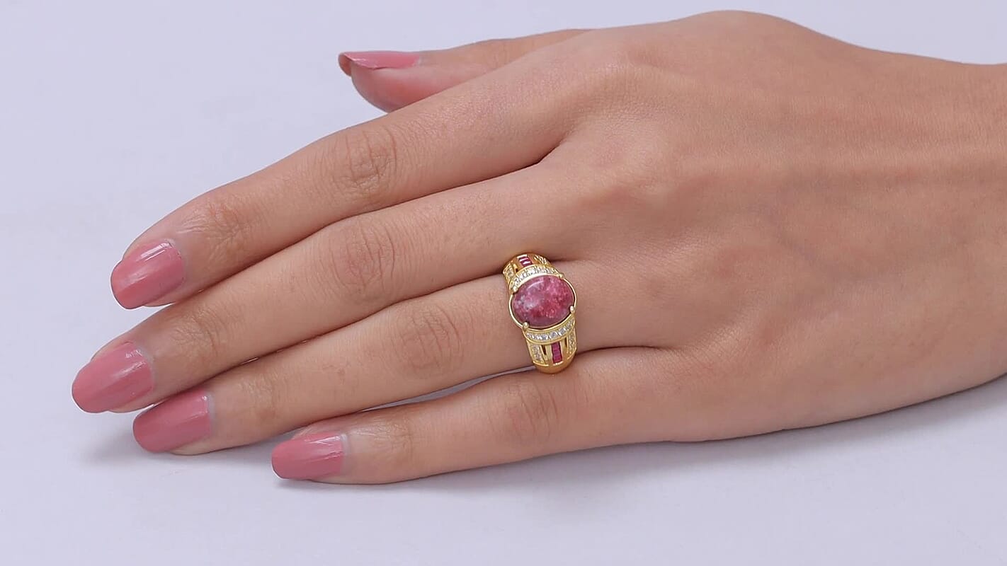 EverTrue Premium Norwegian Thulite and Multi Gemstone 5.50 ctw Blushing Horizon Ring in 18K YG Plated (Size 10.0)