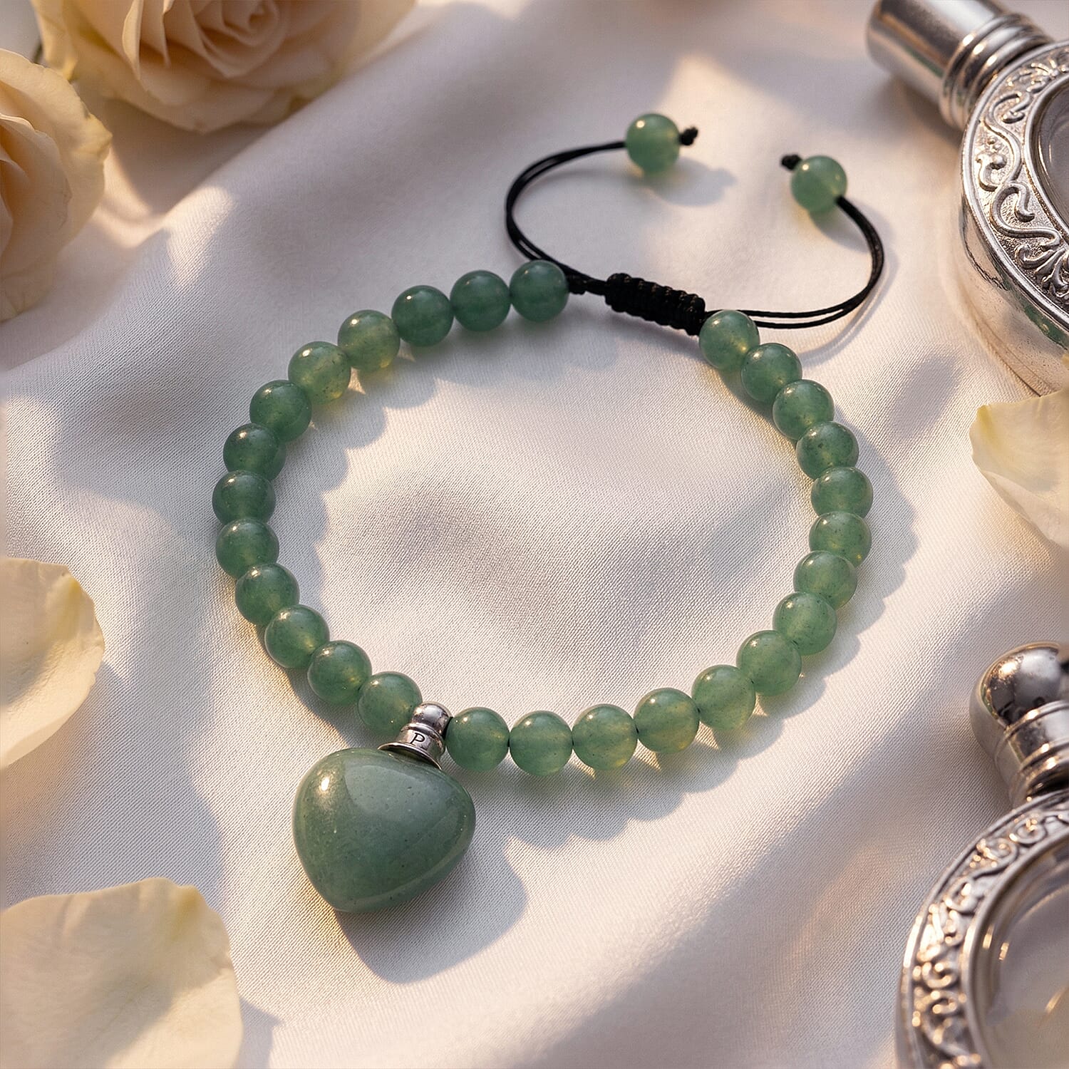 Green Aventurine 70.00 ctw Beaded Heart Bracelet in Silvertone (6-8.5In)