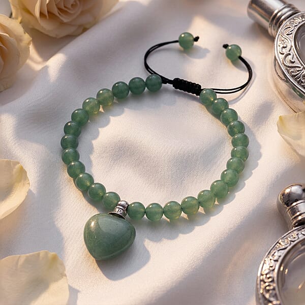 Green Aventurine 70.00 ctw Beaded Heart Bracelet in Silvertone (6-8.5In)