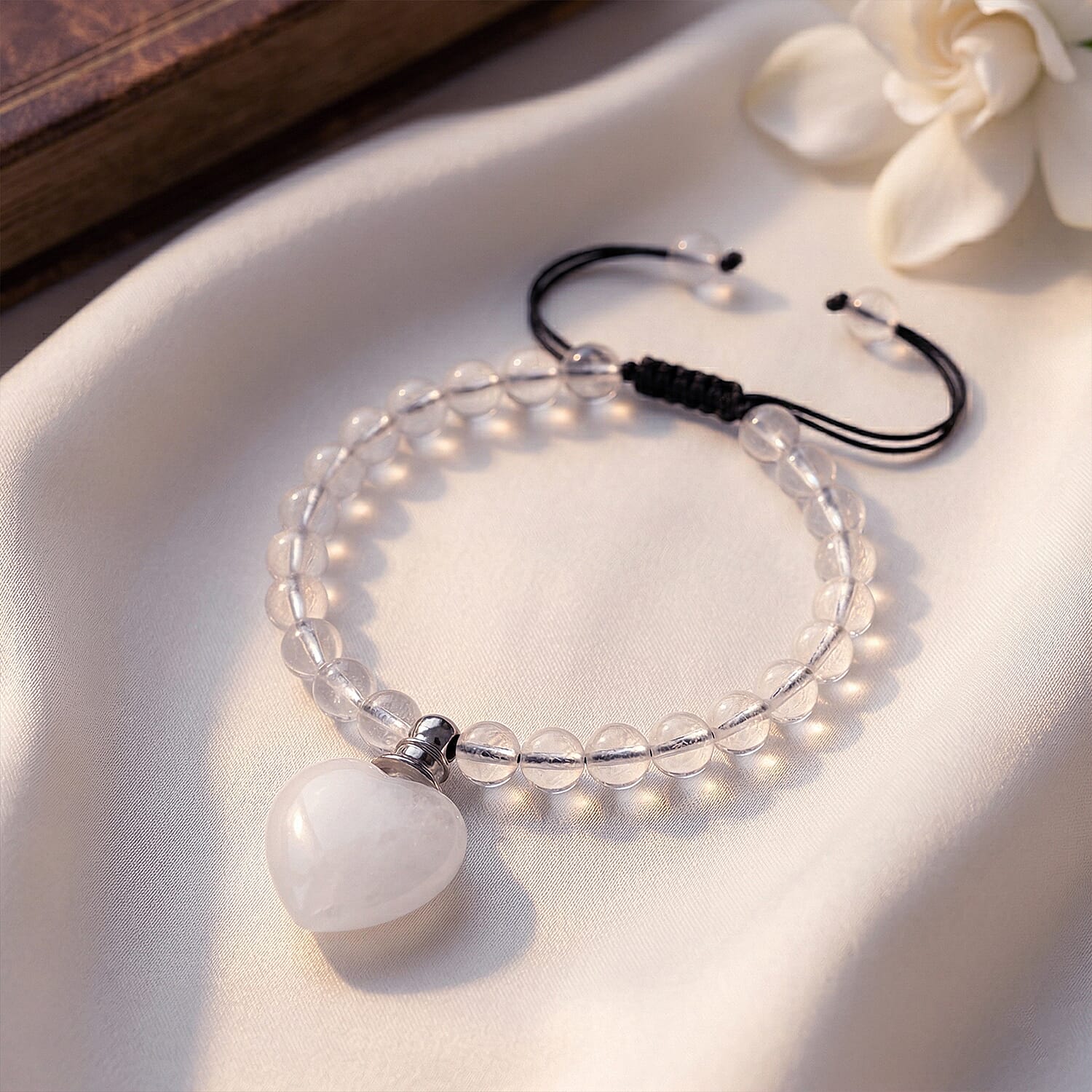 White Crystal Quartz 70.00 ctw Beaded Heart Bracelet in Silvertone (6-8.5In)