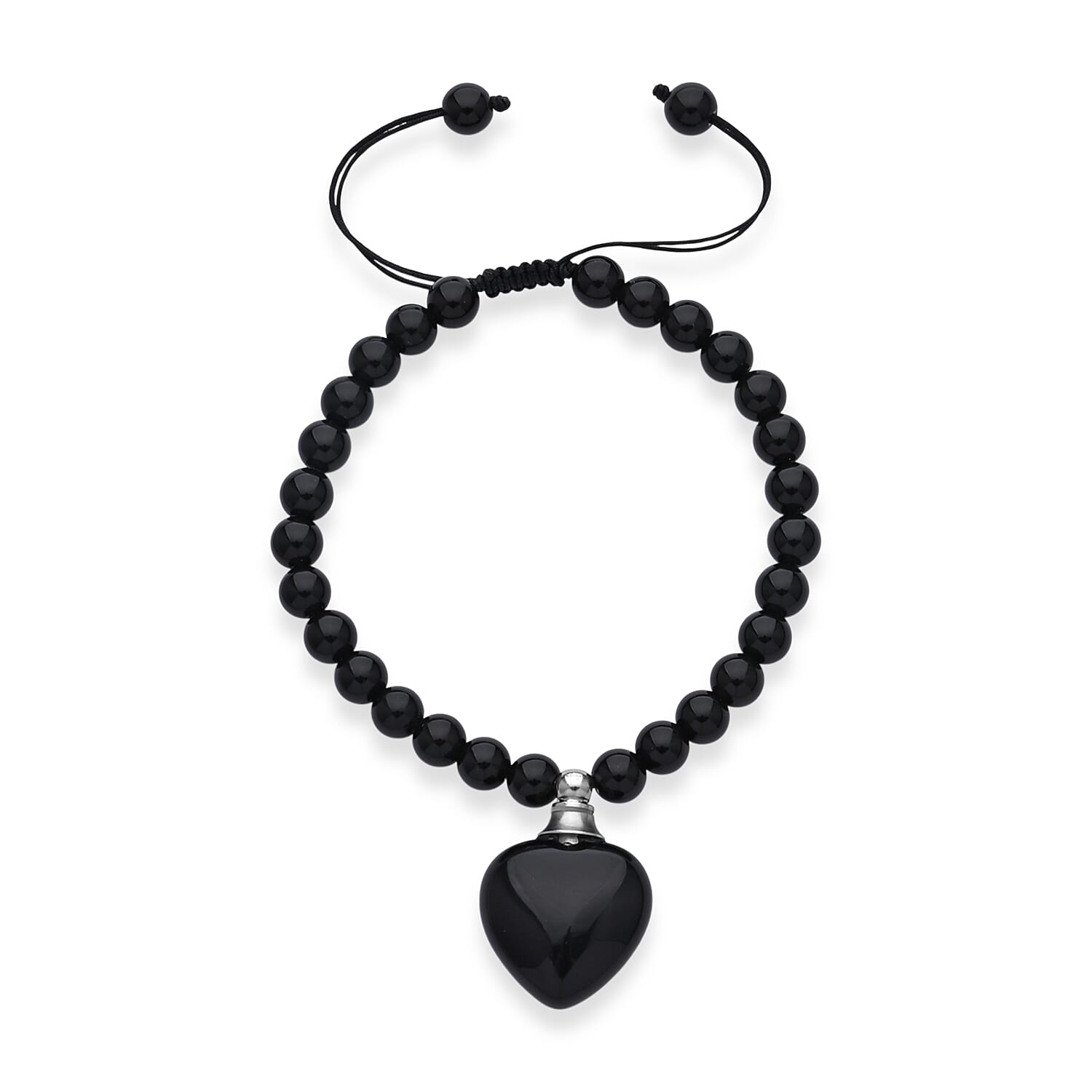 Black Obsidian 70.00 ctw Beaded Heart Bracelet in Silvertone (6-8.5In)