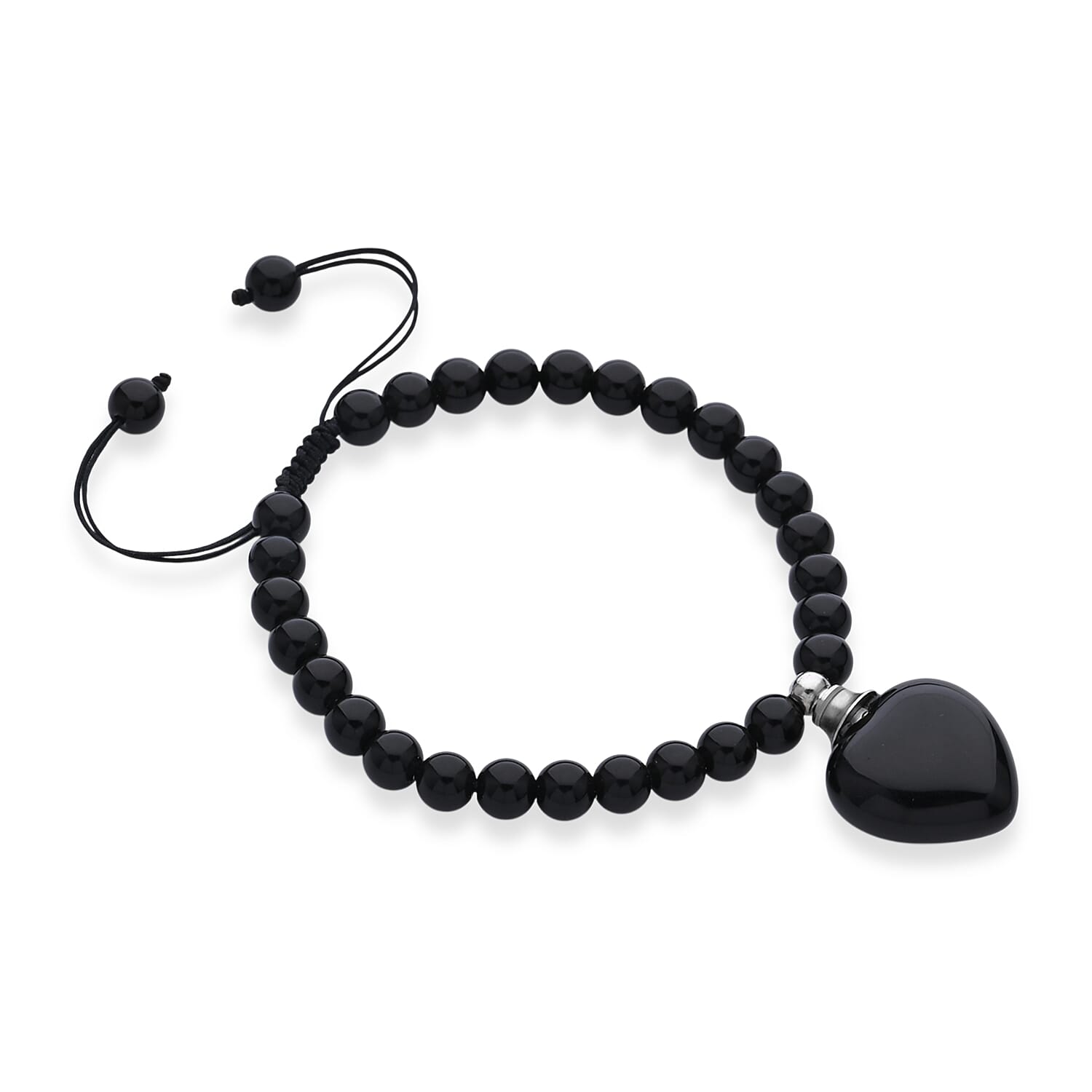 Black Obsidian 70.00 ctw Beaded Heart Bracelet in Silvertone (6-8.5In)