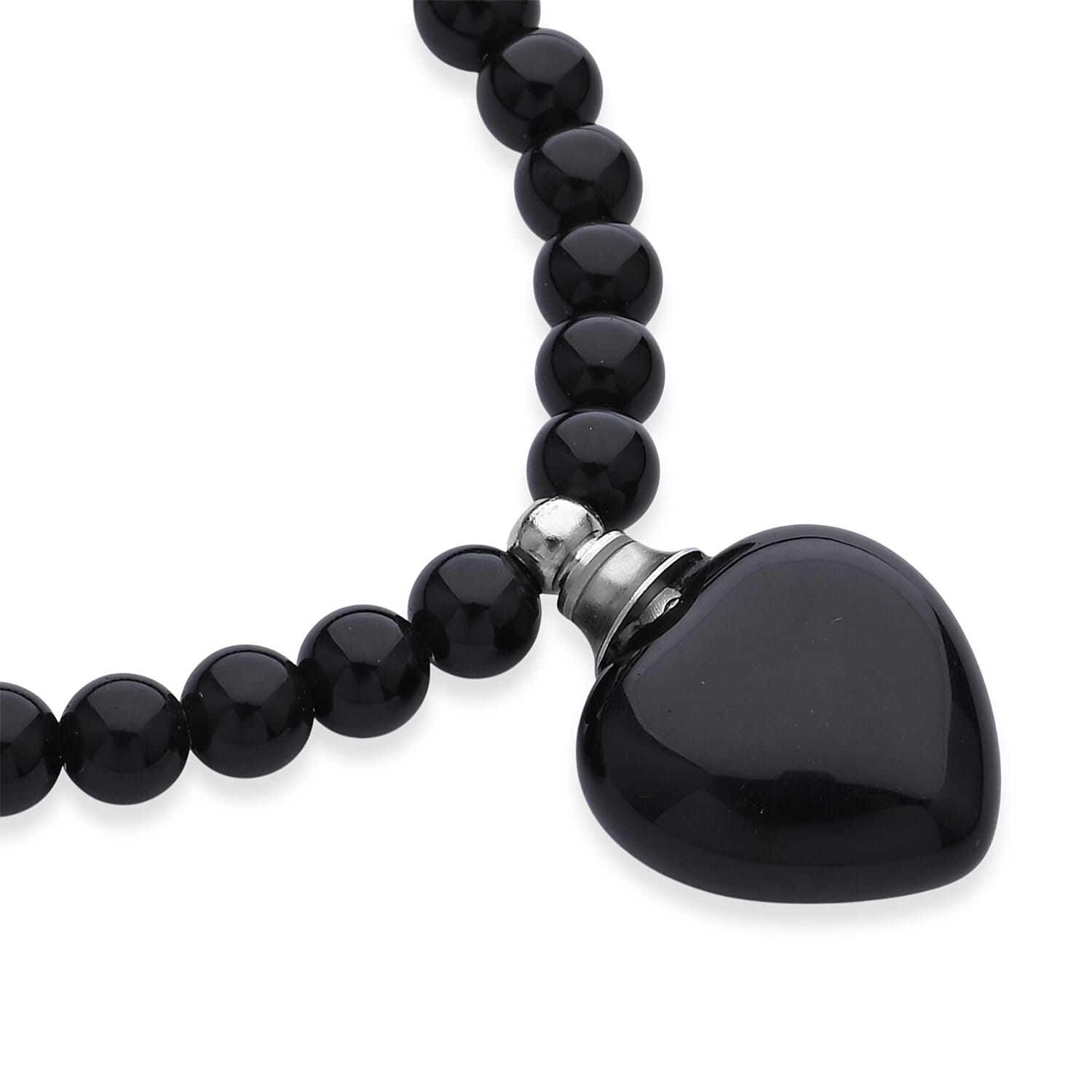Black Obsidian 70.00 ctw Beaded Heart Bracelet in Silvertone (6-8.5In)