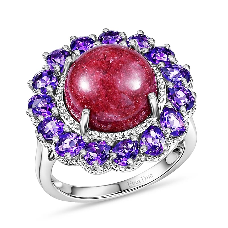 EverTrue Premium Norwegian Thulite and African Amethyst 10.40 ctw Blooming Petal Crown Ring in Platinum Bond (Size 10.0)