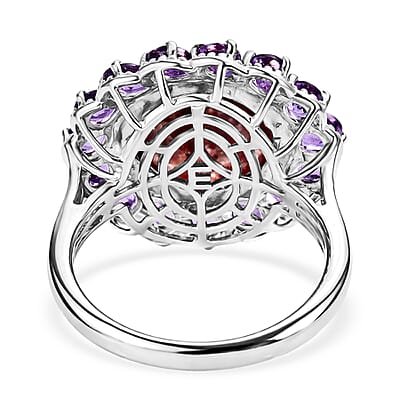 EverTrue Premium Norwegian Thulite and African Amethyst 10.40 ctw Blooming Petal Crown Ring in Platinum Bond (Size 10.0)