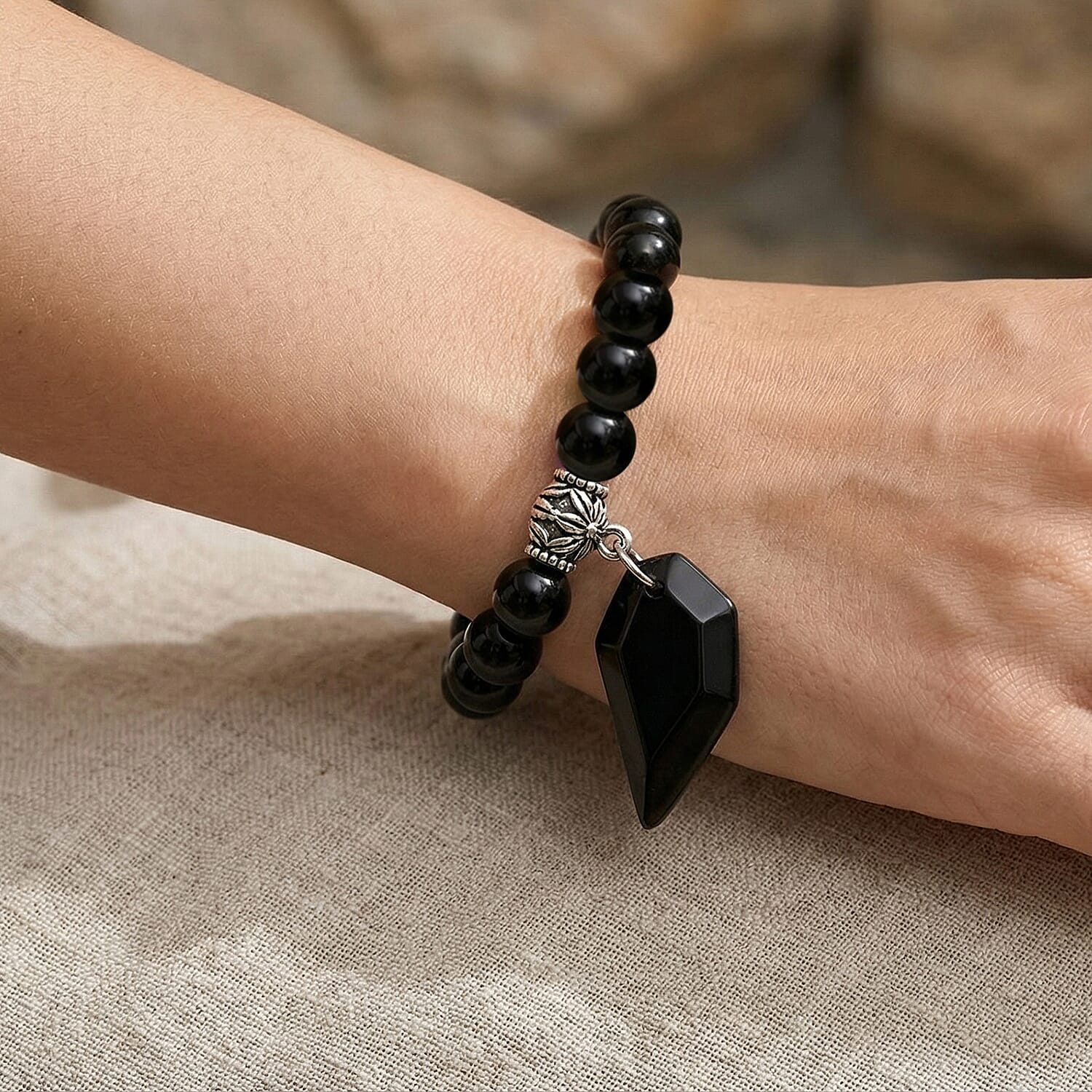 Black Obsidian and Multi Gemstone 43.00 ctw Beaded Stretch Bracelet in Silvertone (6.25-7.25In)