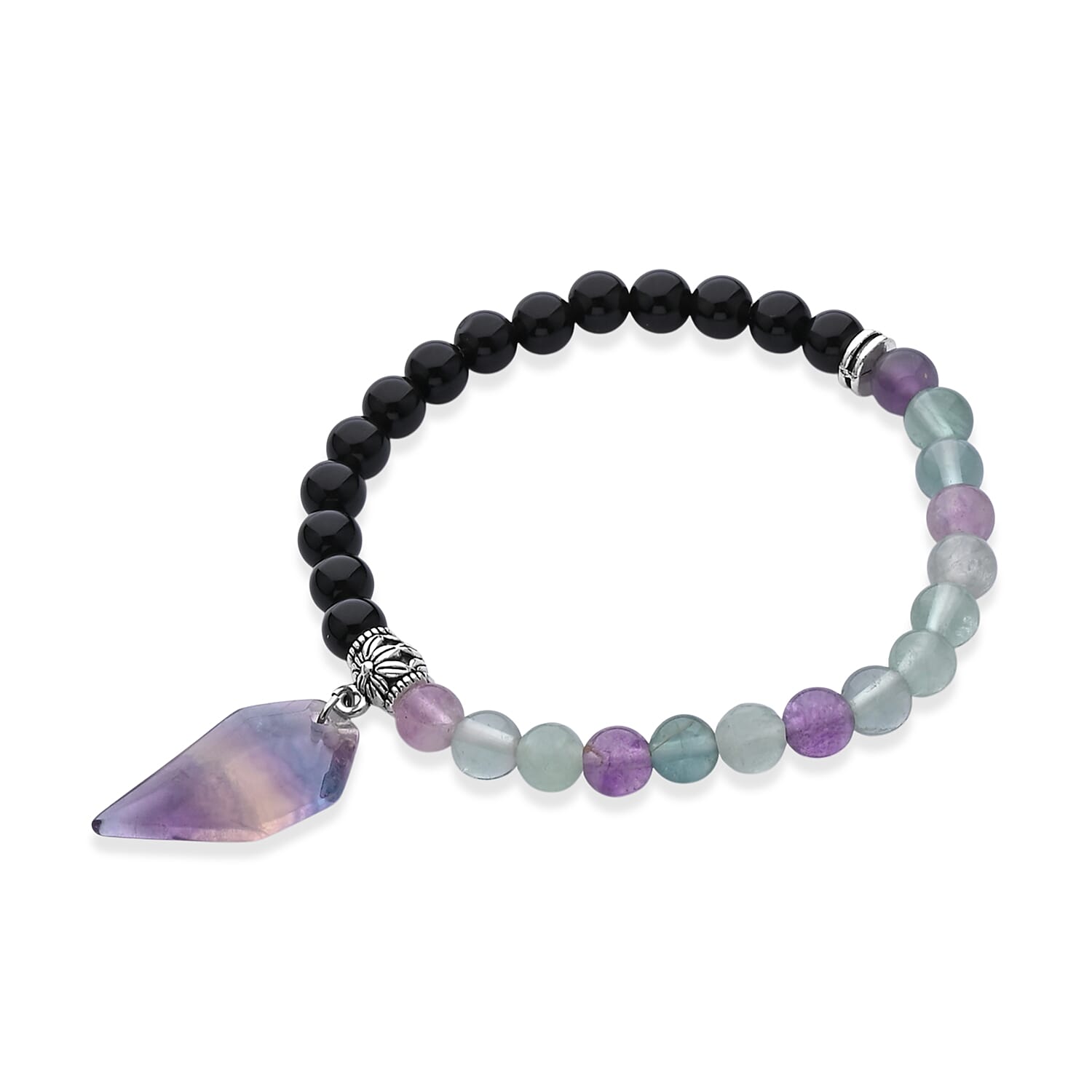 Multi Fluorite and Black Obsidian 48.00 ctw Beaded Stretch Bracelet in Silvertone (6.25-7.25In)