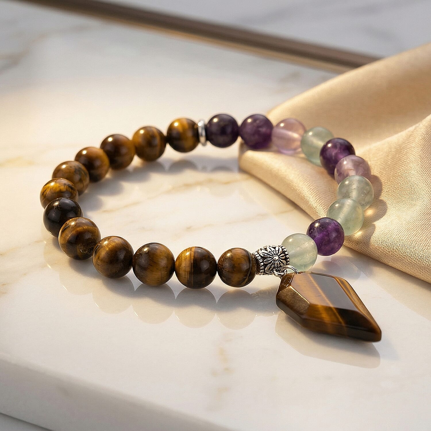 Yellow Tiger's Eye and Multi Fluorite 43.00 ctw Beaded Stretch Bracelet in Silvertone (6.25-7.25In)