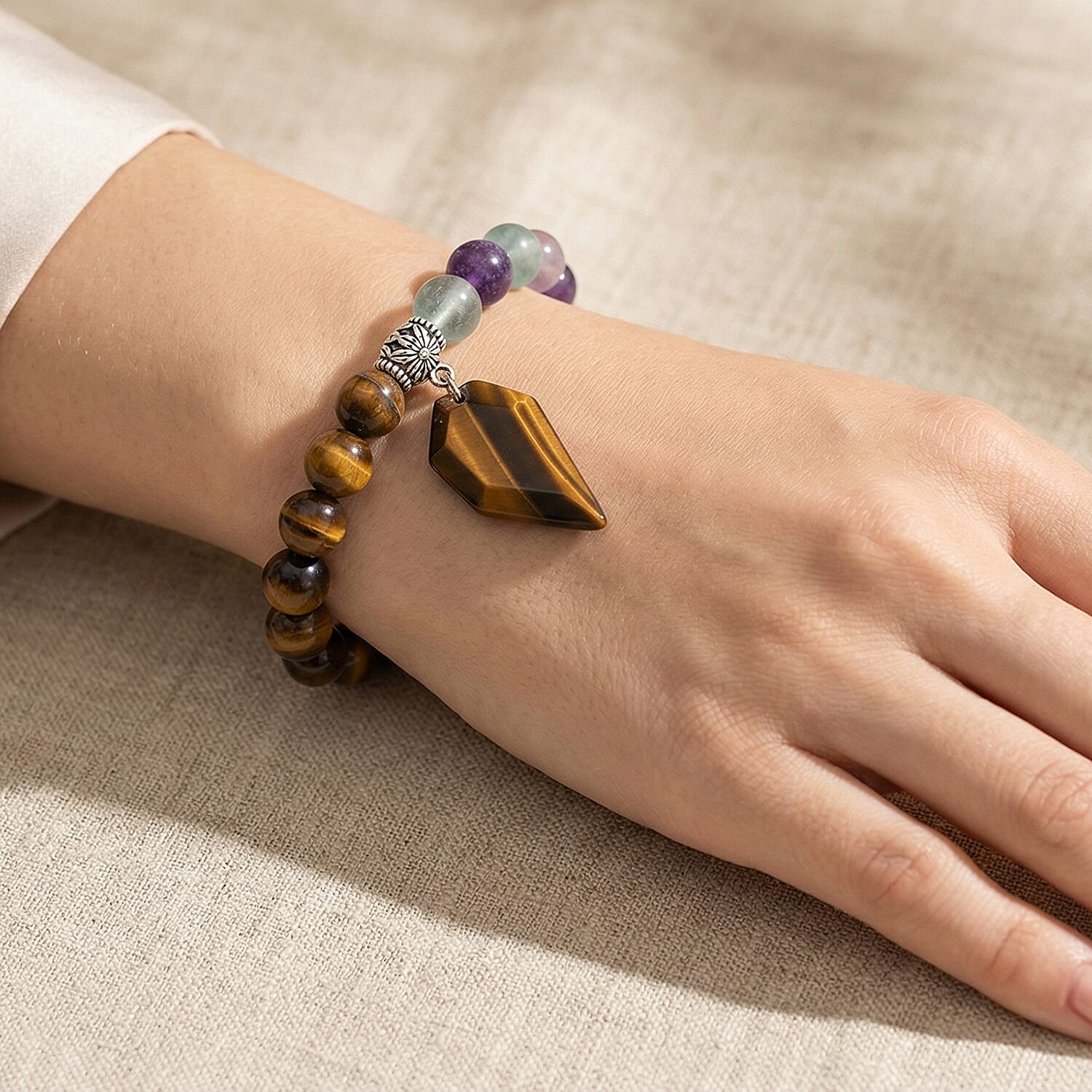 Yellow Tiger's Eye and Multi Fluorite 43.00 ctw Beaded Stretch Bracelet in Silvertone (6.25-7.25In)