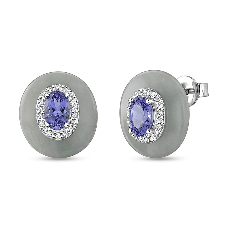 D'Joy Tanzanite, White Jade (D) and Moissanite 8.70 ctw Victorian Era Halo Earrings in Rhodium Over Sterling Silver