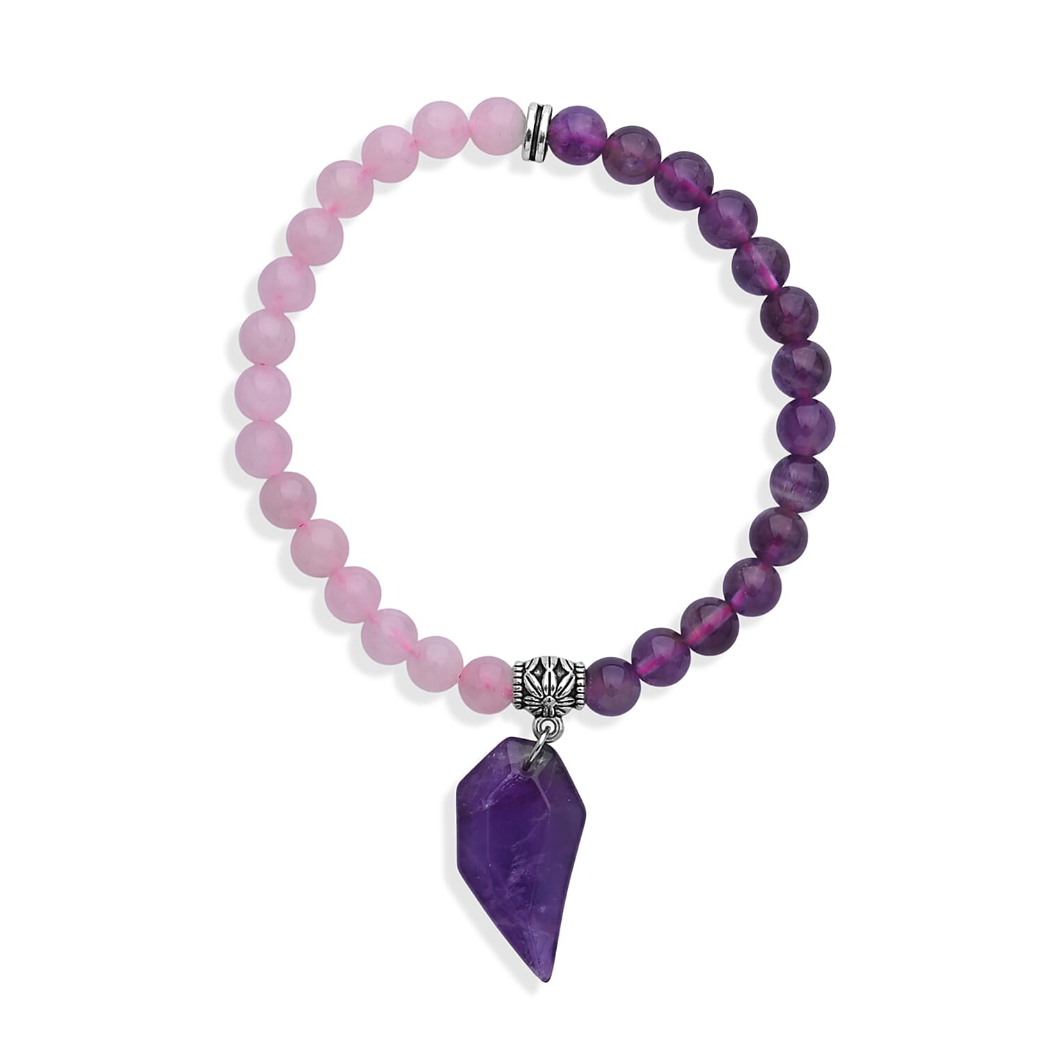 African Amethyst and Galilea Rose Quartz 48.00 ctw Beaded Stretch Bracelet in Silvertone (6.25-7.25In)