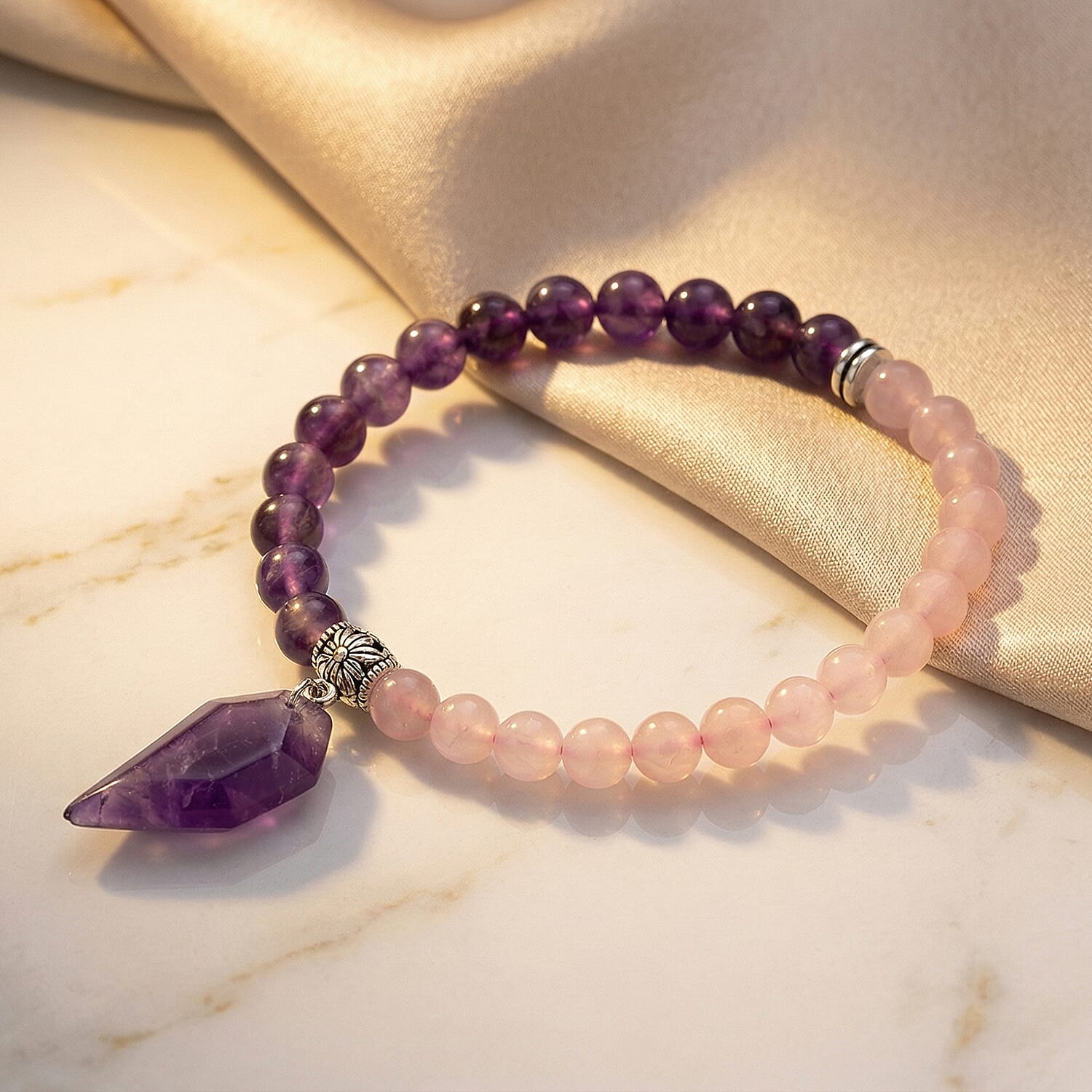 African Amethyst and Galilea Rose Quartz 48.00 ctw Beaded Stretch Bracelet in Silvertone (6.25-7.25In)