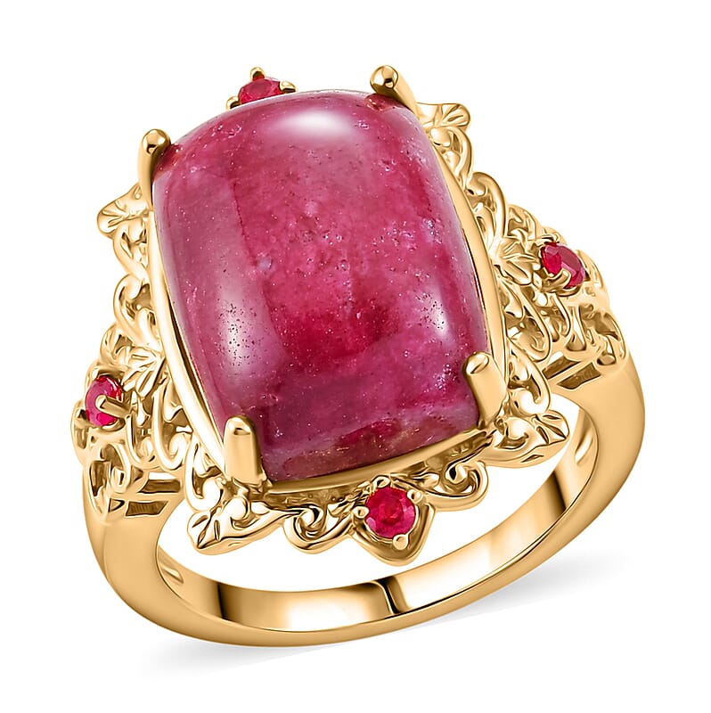 EverTrue Premium Norwegian Thulite and Jalisco Fire Opal 14.00 ctw Victorian Blush Ring in 18K YG Plated (Size 10.0)
