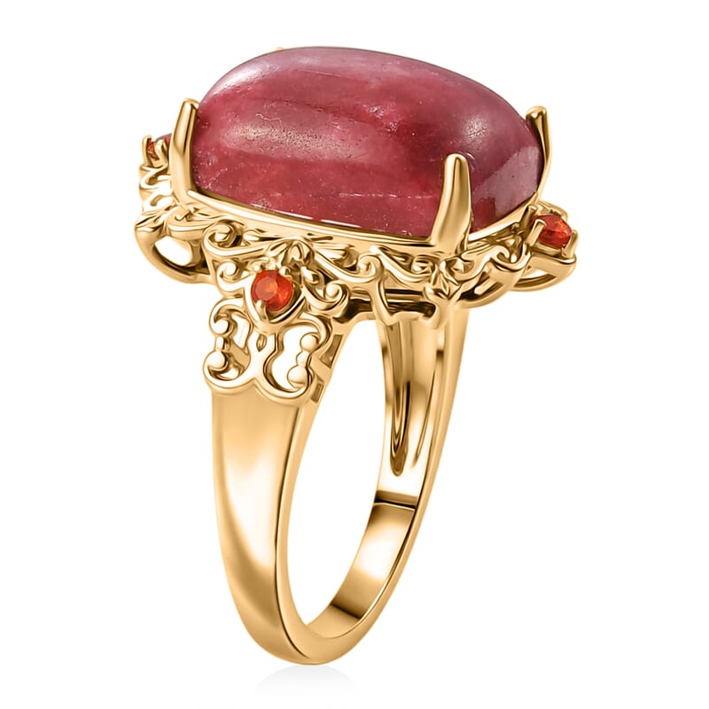 EverTrue Premium Norwegian Thulite and Jalisco Fire Opal 14.00 ctw Victorian Blush Ring in 18K YG Plated (Size 10.0)
