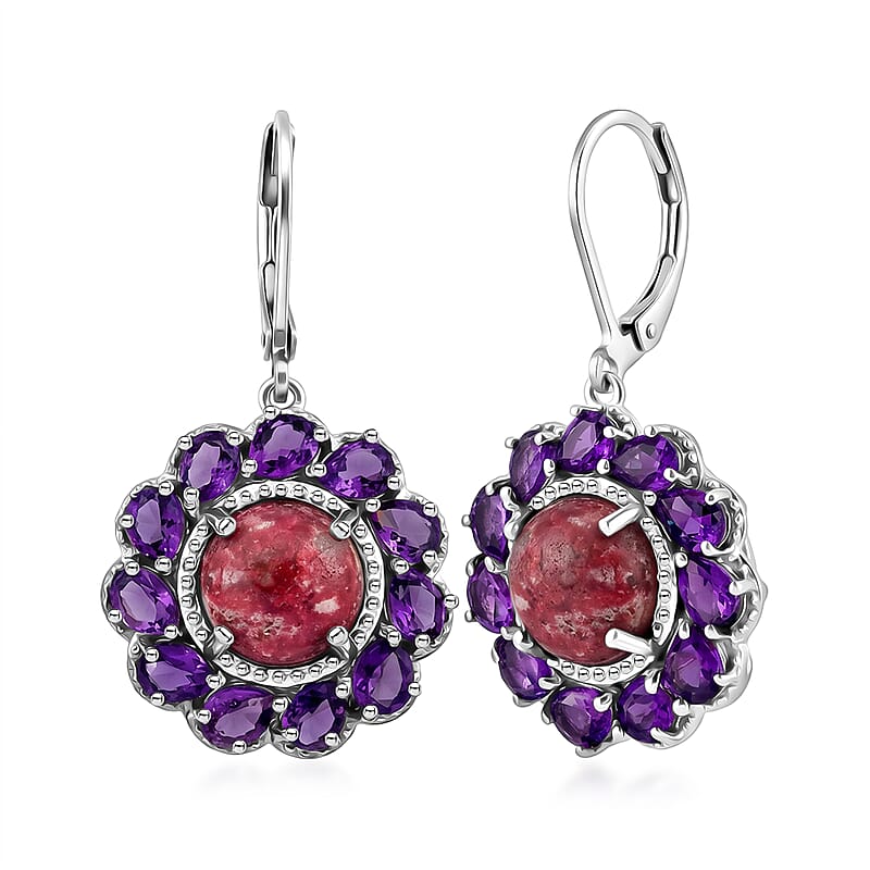 EverTrue Premium Norwegian Thulite and African Amethyst 8.30 ctw Blooming Petal Crown Earrings in Platinum Bond