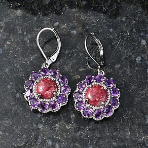EverTrue Premium Norwegian Thulite and African Amethyst 8.30 ctw Blooming Petal Crown Earrings in Platinum Bond