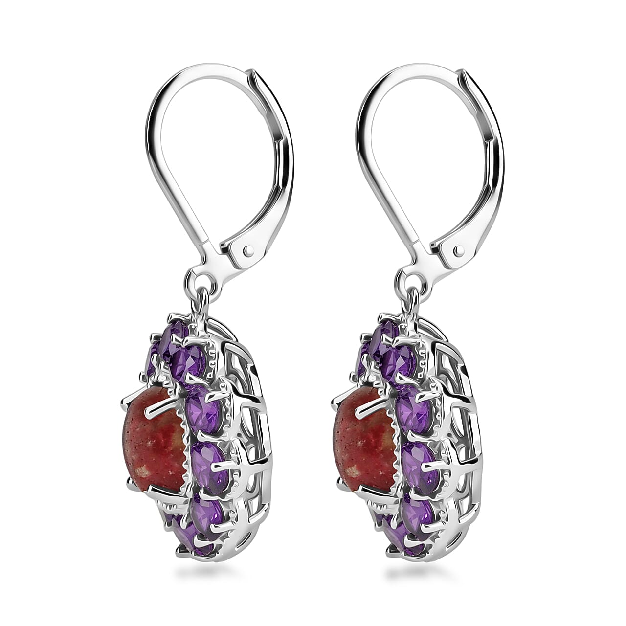 EverTrue Premium Norwegian Thulite and African Amethyst 8.30 ctw Blooming Petal Crown Earrings in Platinum Bond