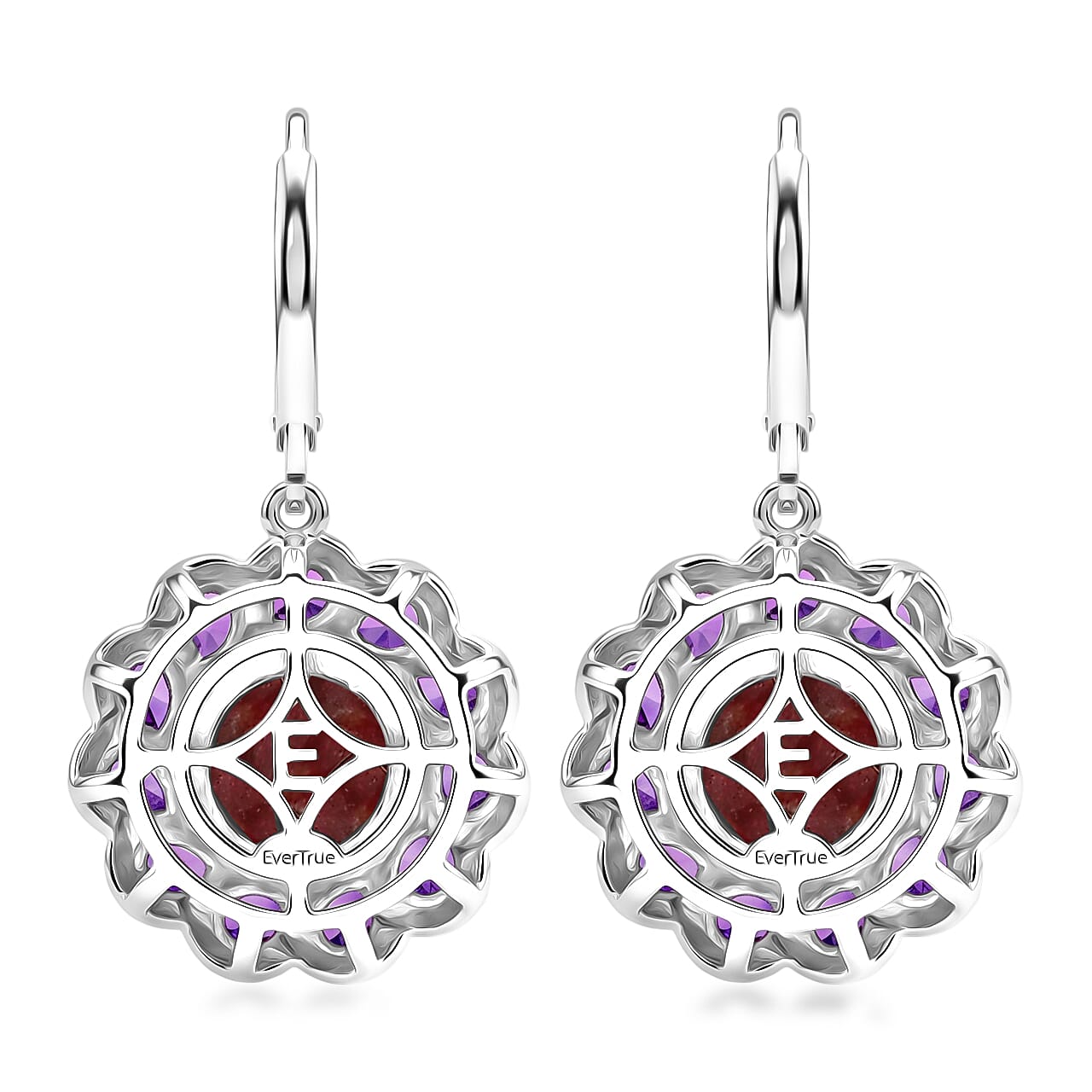 EverTrue Premium Norwegian Thulite and African Amethyst 8.30 ctw Blooming Petal Crown Earrings in Platinum Bond