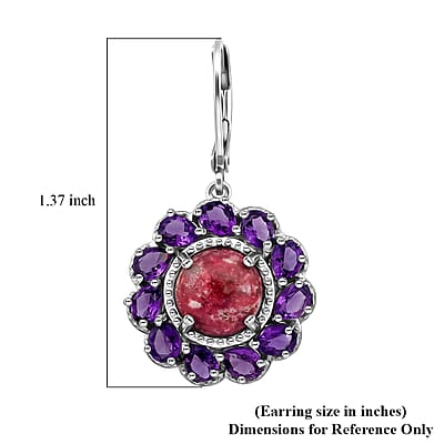 EverTrue Premium Norwegian Thulite and African Amethyst 8.30 ctw Blooming Petal Crown Earrings in Platinum Bond