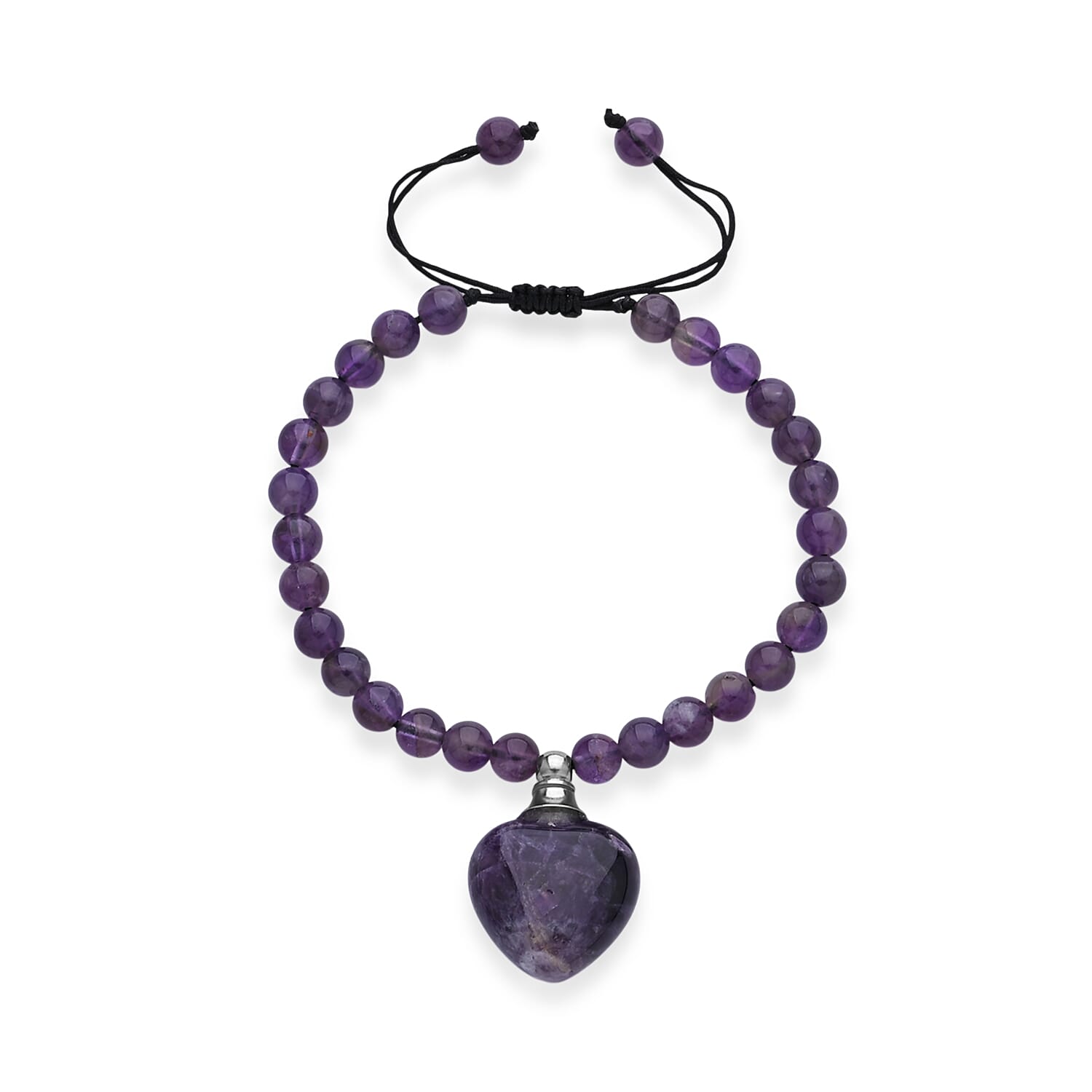 African Amethyst 70.00 ctw Beaded Heart Bracelet in Silvertone (6-8.5In)