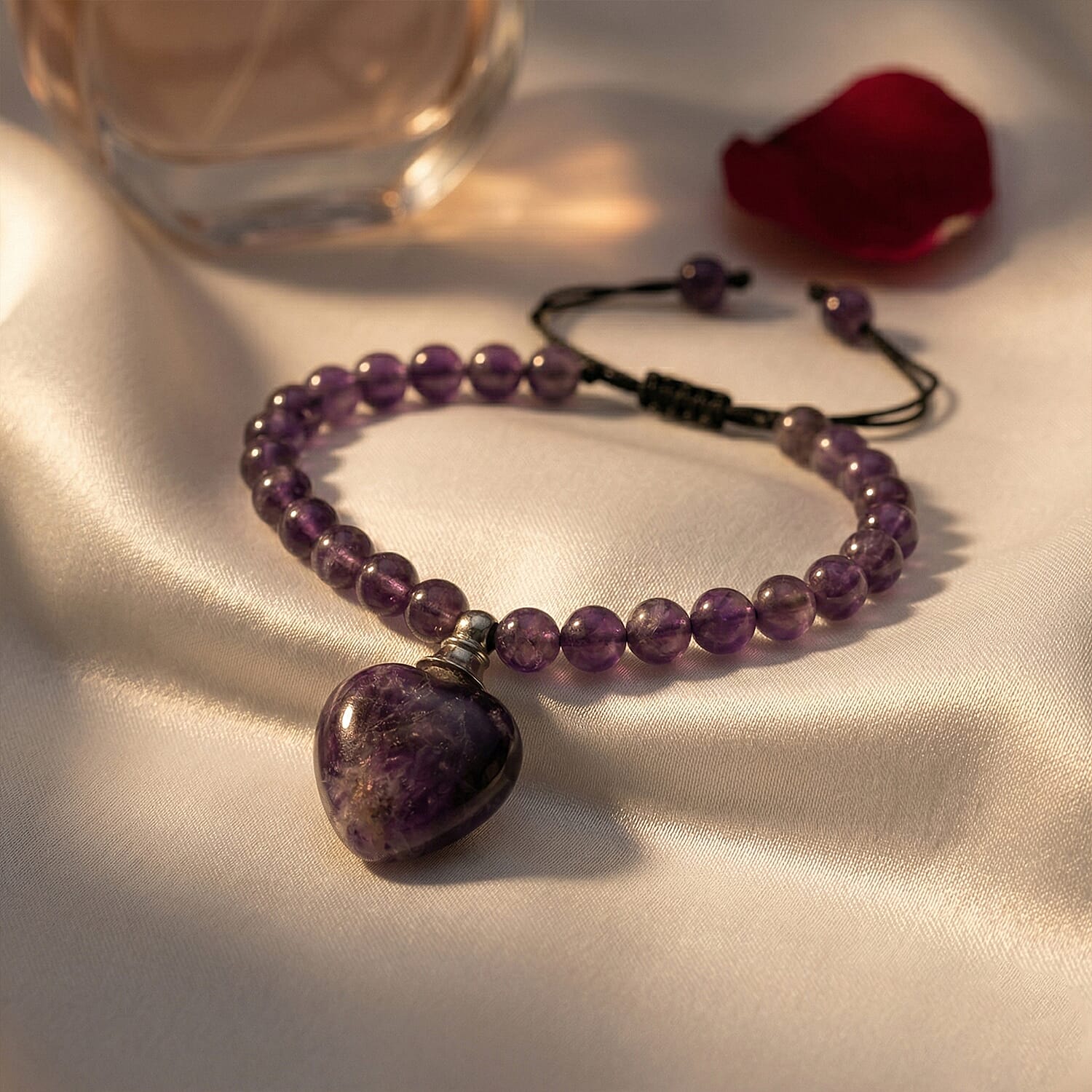 African Amethyst 70.00 ctw Beaded Heart Bracelet in Silvertone (6-8.5In)