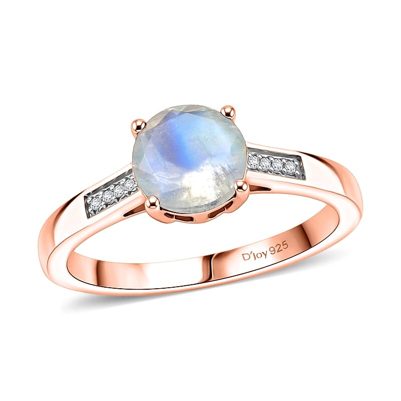 D'Joy Rainbow Moonstone and White Zircon 1.40 ctw Ring in 18K Vermeil Rose Gold Over Sterling Silver (Size 8.0)