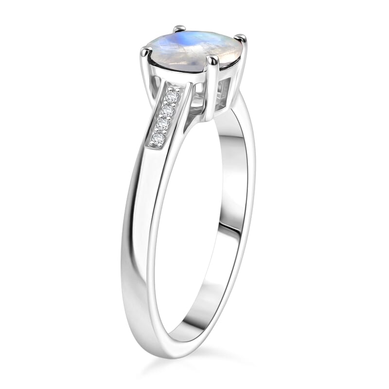 D'Joy Rainbow Moonstone and White Zircon 1.40 ctw Ring in Rhodium Over Sterling Silver (Size 8.5)