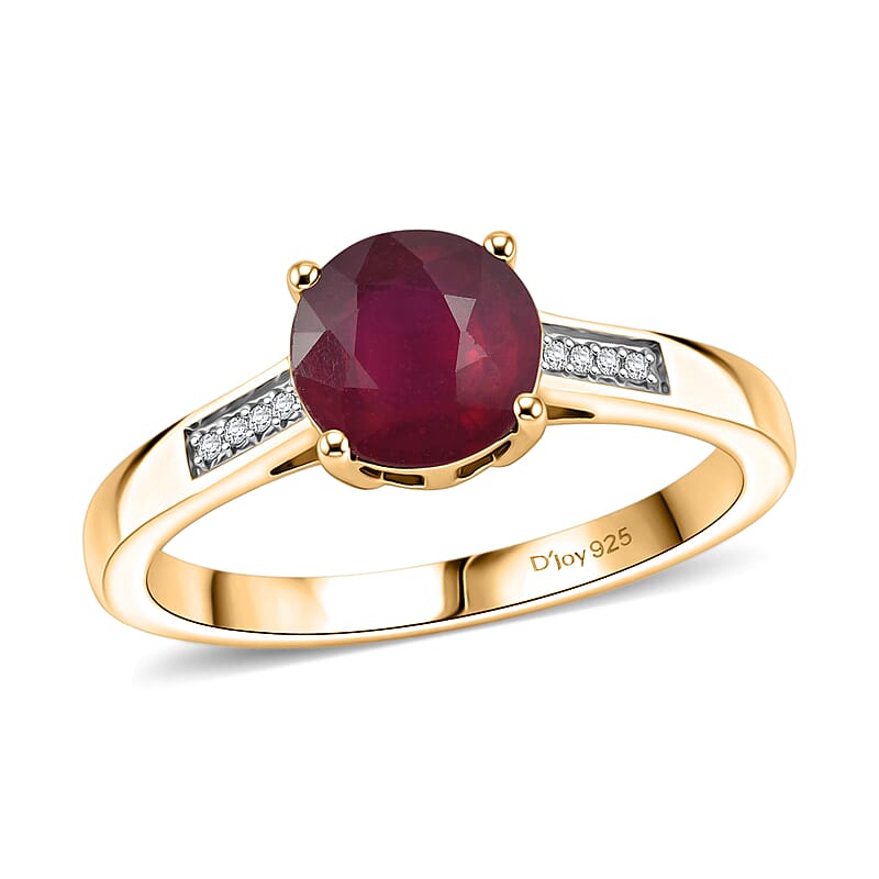 D'Joy Niassa Ruby (FF) and White Zircon 2.20 ctw Ring in 18K Vermeil Yellow Gold Over Sterling Silver (Size 7.0)