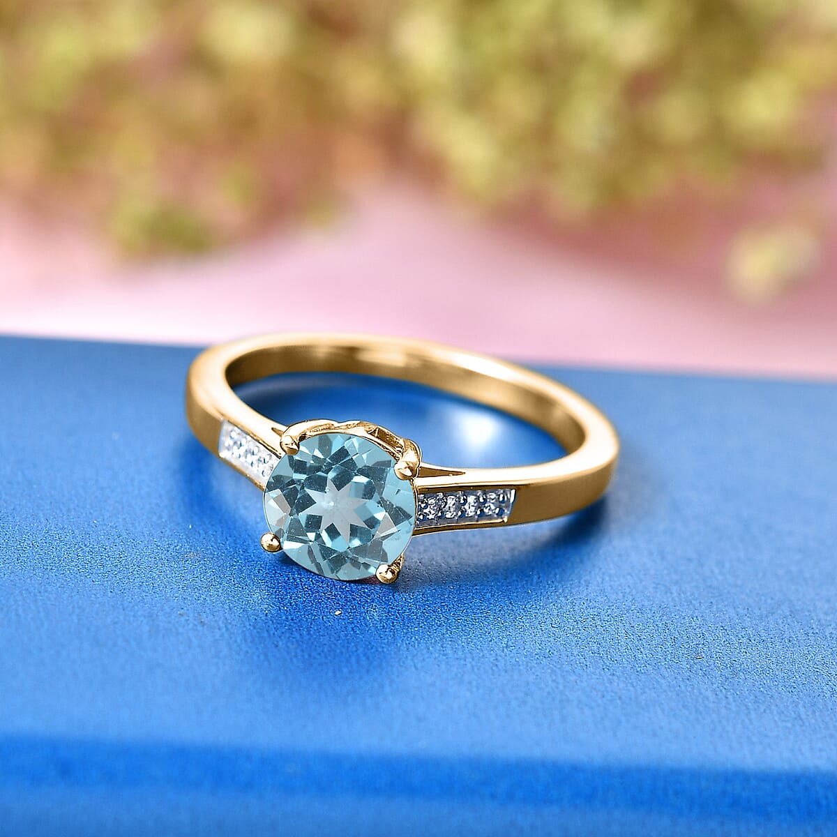 D'Joy Swiss Blue Topaz and White Zircon 1.85 ctw Ring in 18K Vermeil Yellow Gold Over Sterling Silver (Size 6.5) image number 1