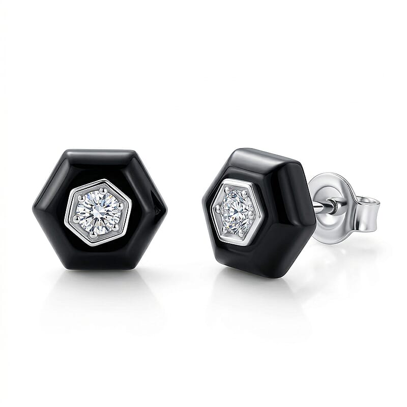 Lab Grown Diamond G-H SI and Black Jade (D) 4.65 ctw Midnight Spark Earrings in Rhodium Over Sterling Silver