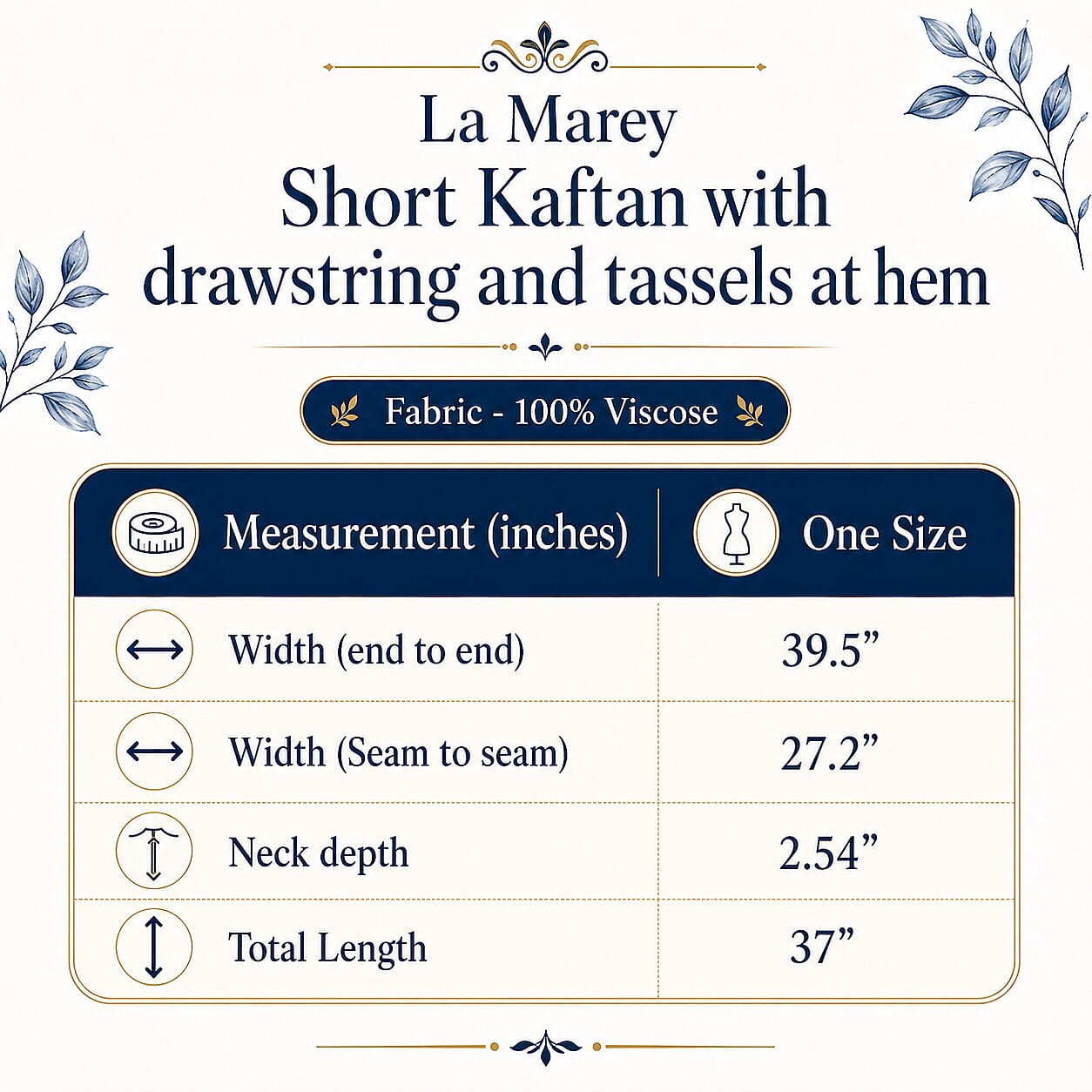La Marey Black Kaftan with Drawstring - One Size Fits Most