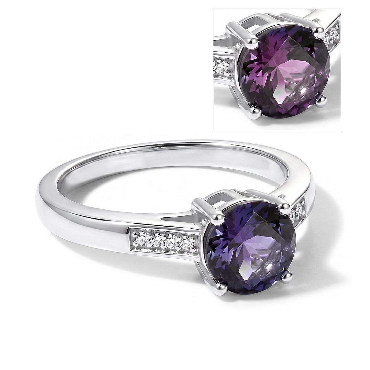 D'Joy Lab Grown Alexandrite and White Zircon 2.20 ctw Ring in Rhodium Over Sterling Silver (Size 6.5)