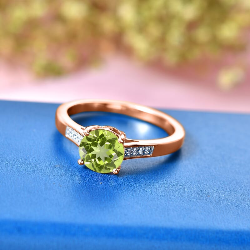 D'Joy Hebei Peridot and White Zircon 1.40 ctw Ring in 18K Vermeil Rose Gold Over Sterling Silver (Size 9.5)