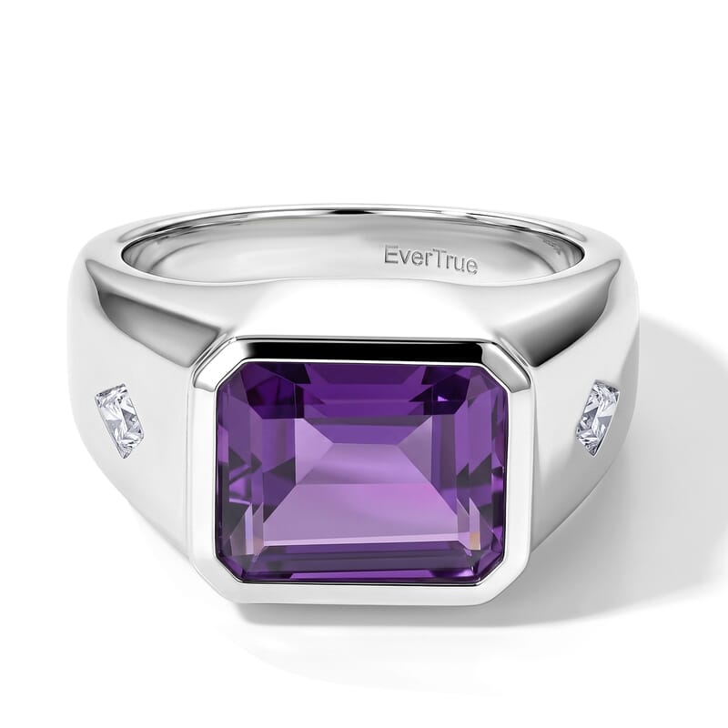 EverTrue African Amethyst ,  Moissanite  Mens Ring Pure Yellow Brass 7.72 ctw