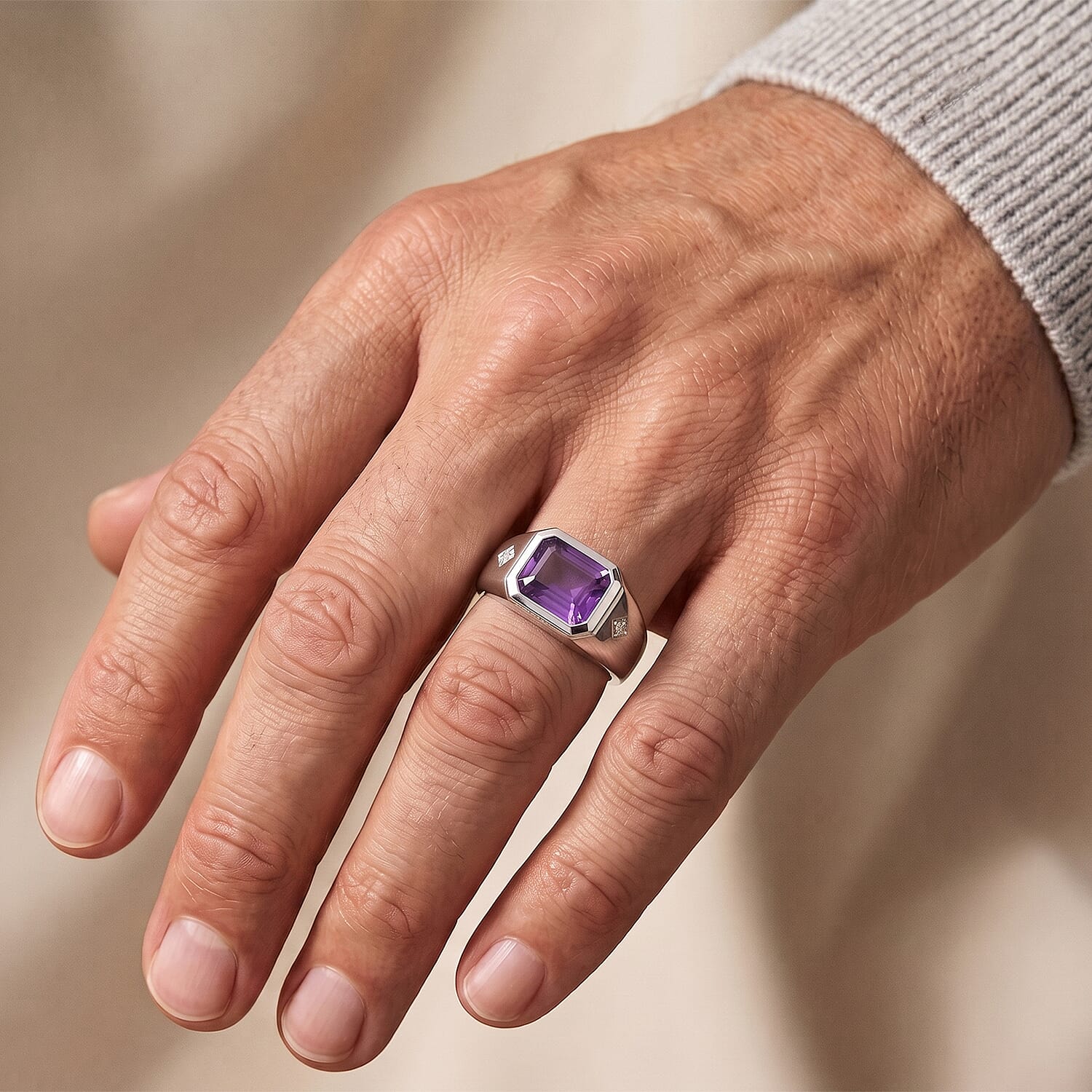 EverTrue African Amethyst ,  Moissanite  Mens Ring Pure Yellow Brass 7.72 ctw