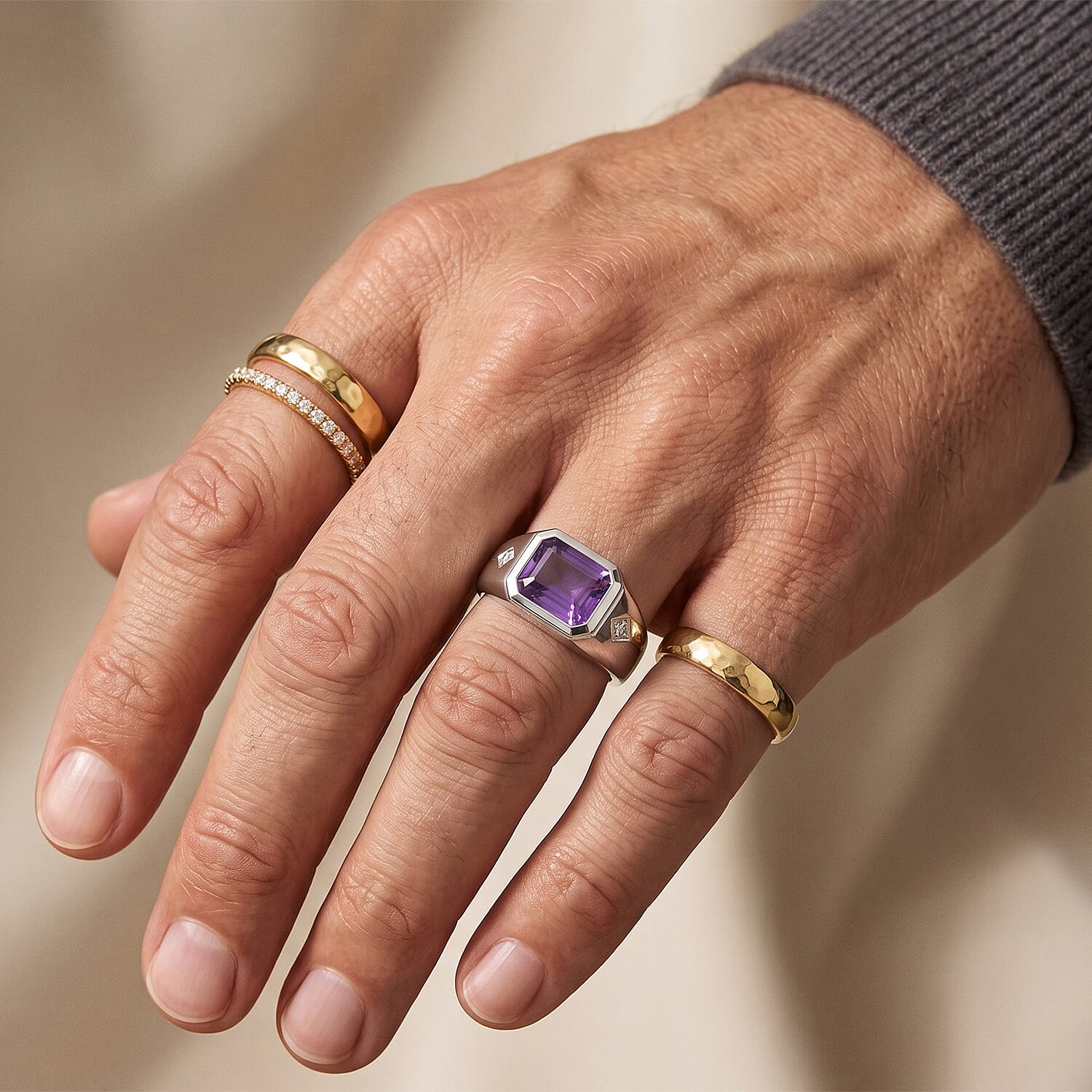 EverTrue African Amethyst ,  Moissanite  Mens Ring Pure Yellow Brass 7.72 ctw