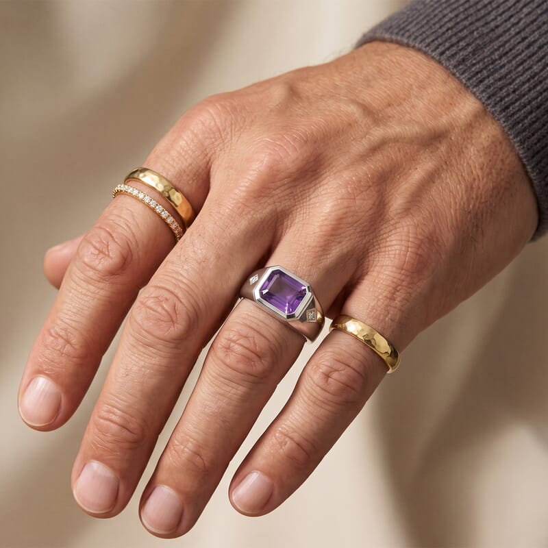 EverTrue African Amethyst ,  Moissanite  Mens Ring Pure Yellow Brass 7.72 ctw
