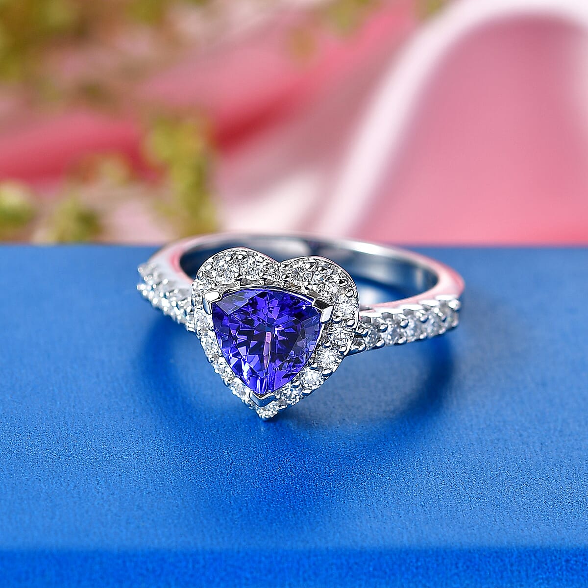 Certified & Appraised D'Joy Premium Tanzanite and Moissanite 2.00 ctw Ring in Rhodium Over Sterling Silver (Size 6.0) image number 1