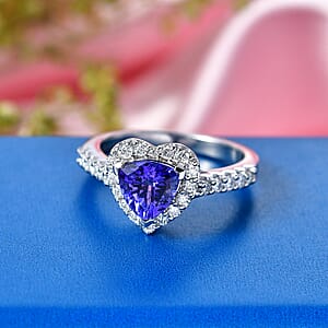 Certified & Appraised D'Joy Premium Tanzanite and Moissanite 2.00 ctw Ring in Rhodium Over Sterling Silver (Size 7.0)