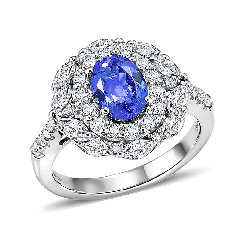 Certified & Appraised D'Joy Premium Tanzanite and Moissanite 2.75 ctw Ring in Rhodium Over Sterling Silver (Size 6.0)