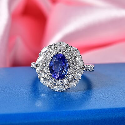Certified & Appraised D'Joy Premium Tanzanite and Moissanite 2.75 ctw Ring in Rhodium Over Sterling Silver (Size 6.0)