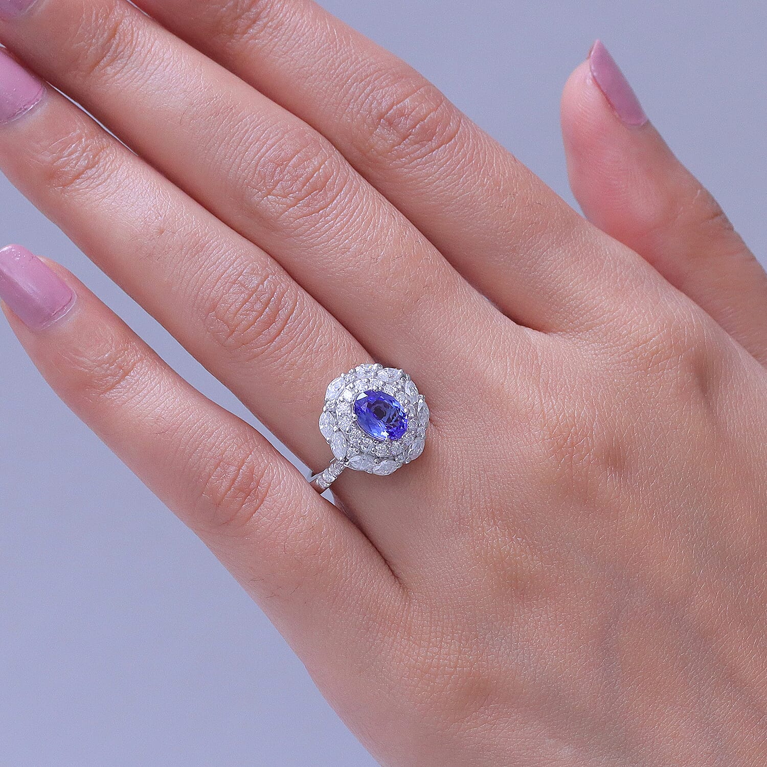 Certified & Appraised D'Joy Premium Tanzanite and Moissanite 2.75 ctw Ring in Rhodium Over Sterling Silver (Size 6.0)