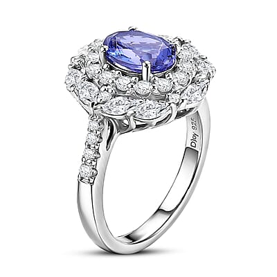Certified & Appraised D'Joy Premium Tanzanite and Moissanite 2.75 ctw Ring in Rhodium Over Sterling Silver (Size 6.0)