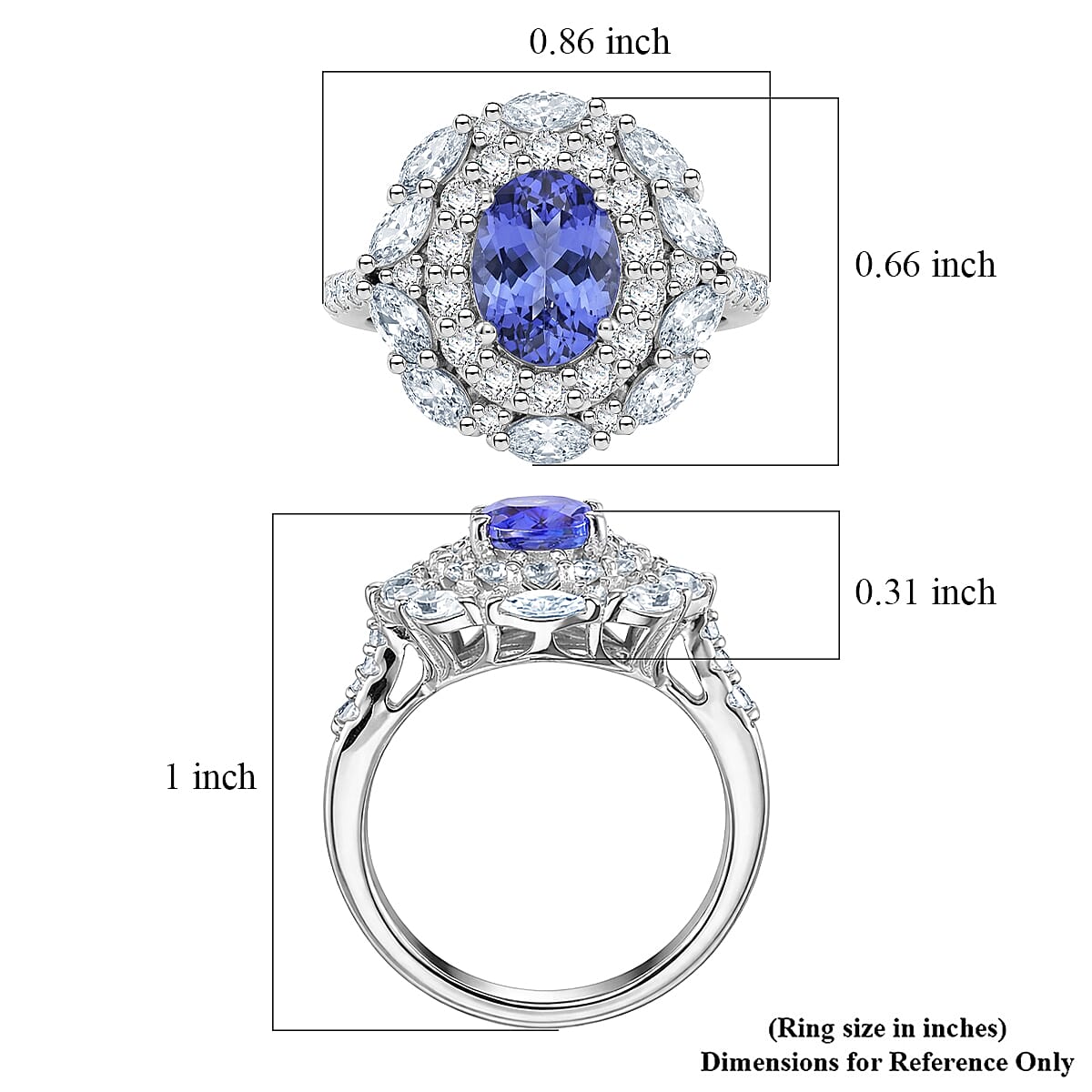 Certified & Appraised D'Joy Premium Tanzanite and Moissanite 2.75 ctw Ring in Rhodium Over Sterling Silver (Size 6.0)